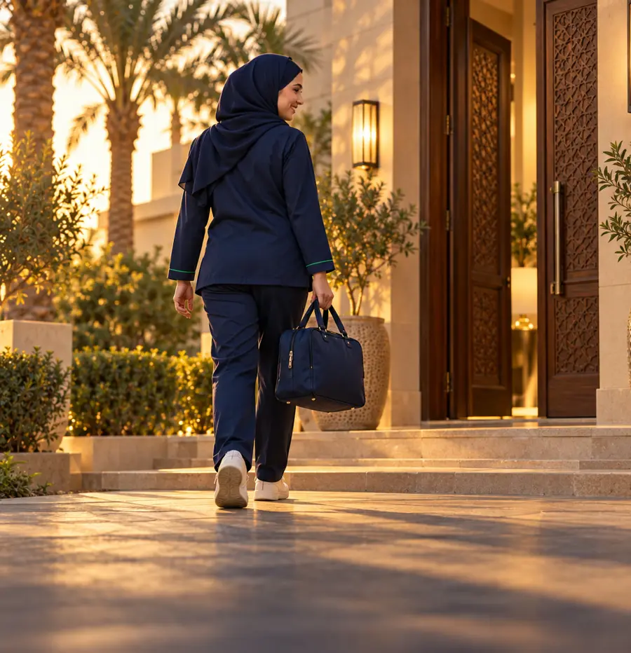 الممرضة تمشي نحو باب البيت